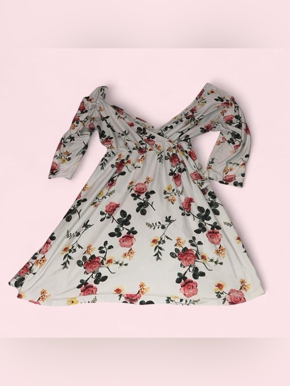 No Boundaries White Floral Wrap Dress with Pink Roses